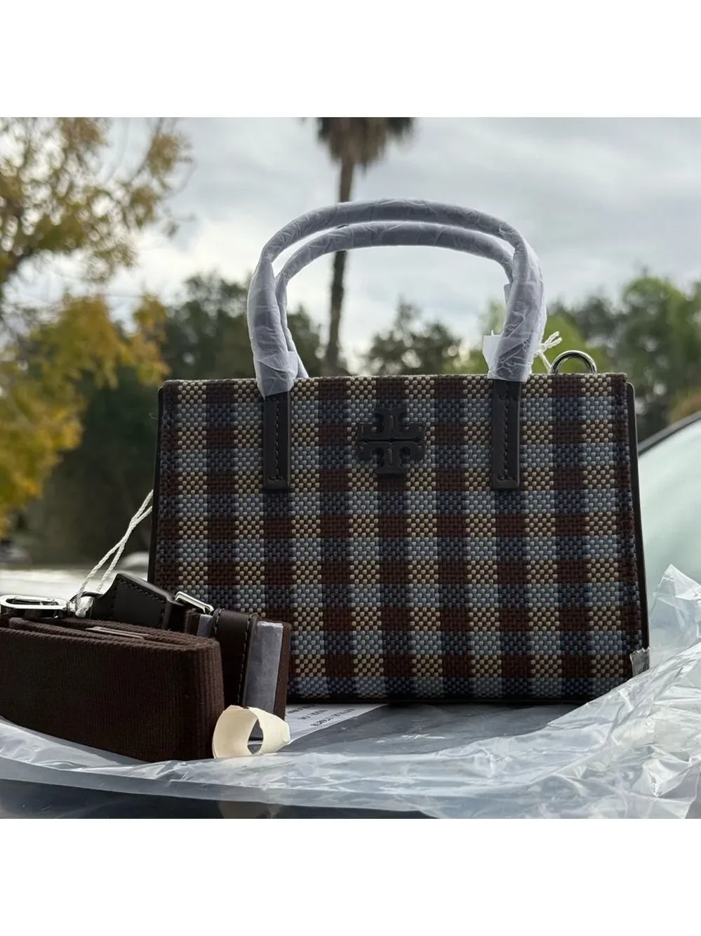 Tory Burch Blake Plaid Mini Tote 176878 Blue Multi Woven Nylon $400